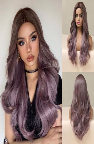 

synthetic wigs henry margu long wavy ombre brown purple for women natural middle part cosplay lolita hair heat resistant4094164, Black