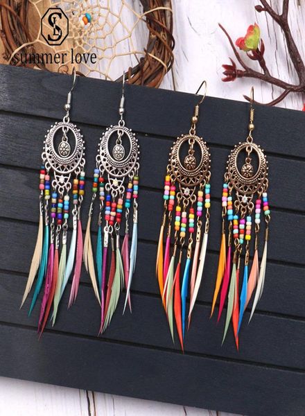 

fashion golden silver vintage feather tassel dangle earrings for women long fringed hanging earring jewelry gifts3854802