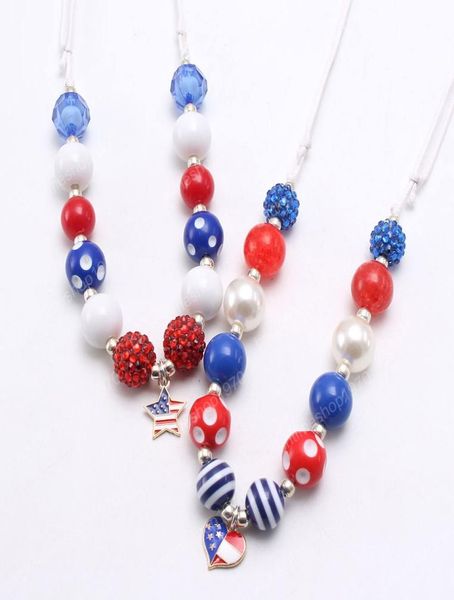 

4th july kids baby fashion usa flag style heartstar pendant necklace diy chunky bubblegum beads necklace adjust rope7027193, Red;brown