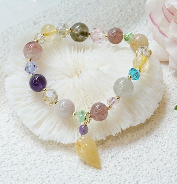

luxury yellow jade leaf rutilated quartzcitrineamethyststrawberry crystal beads strand bracelets women fine jewelry ybr3365890600, Golden;silver
