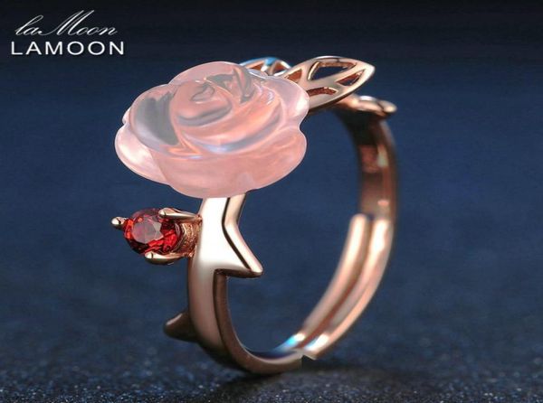 

lamoon rose flower 9mm 100 natural pink rose quartz adjustable ring 925 sterling silver jewelry for women wedding lmri025 y18926094678885, Slivery;golden
