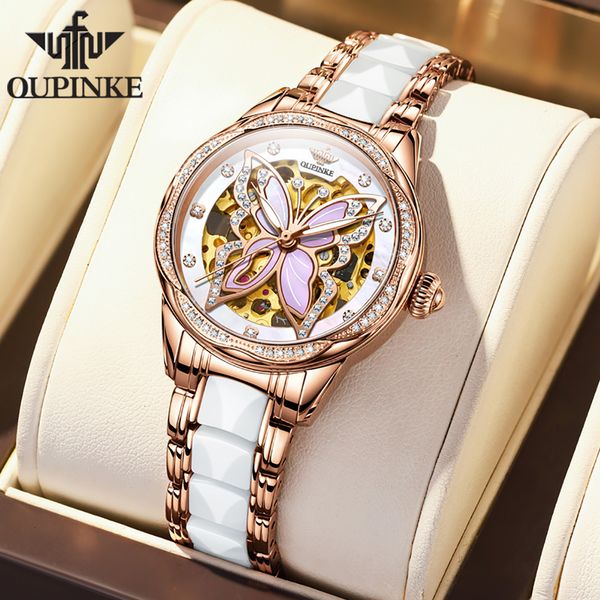 

other watches oupinke watch for women set luxury automatic mechanical sapphire crystal skeleton diamond waterproof ceramic ladies bracelet 2, Slivery;black