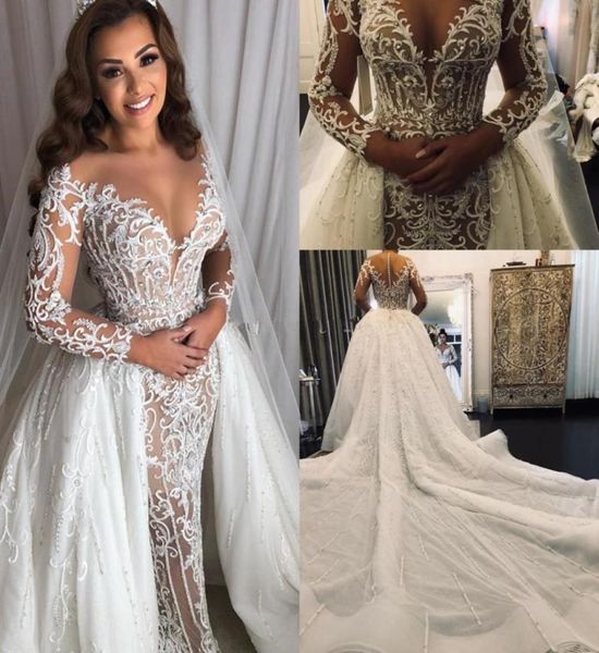 

long sleeve middle east mermaid wedding dresses with overskirt detachable train lace sparkly beaded arabic princess wedding gown8106956, White