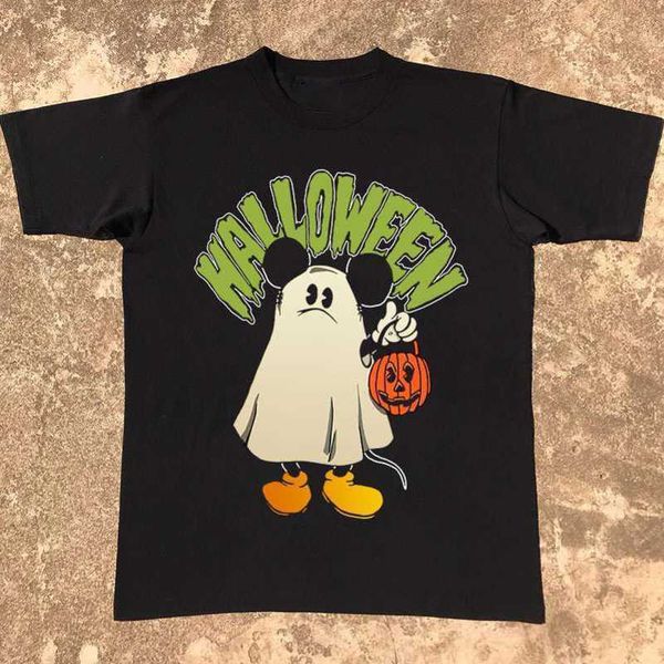 

designer halloween pumpkin ghost cartoon niche y2k college style short sleeved pure cotton t-shirt for male and female couples, White;black
