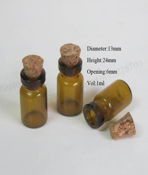 

1000 x 1ml mini amber glass bottle with wood cork 13246mm brown small glass sample vials wishes bottle9084210