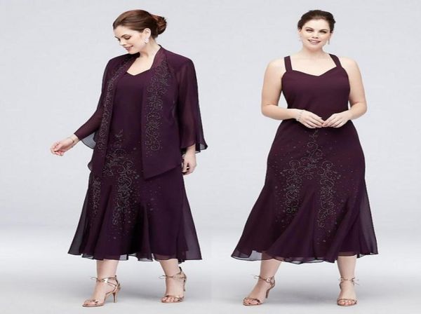 

grape mermaid plus size beaded mother of the bride dresses with long sleeves jackets wedding guest dress tea length chiffon evenin9655811, Black;red