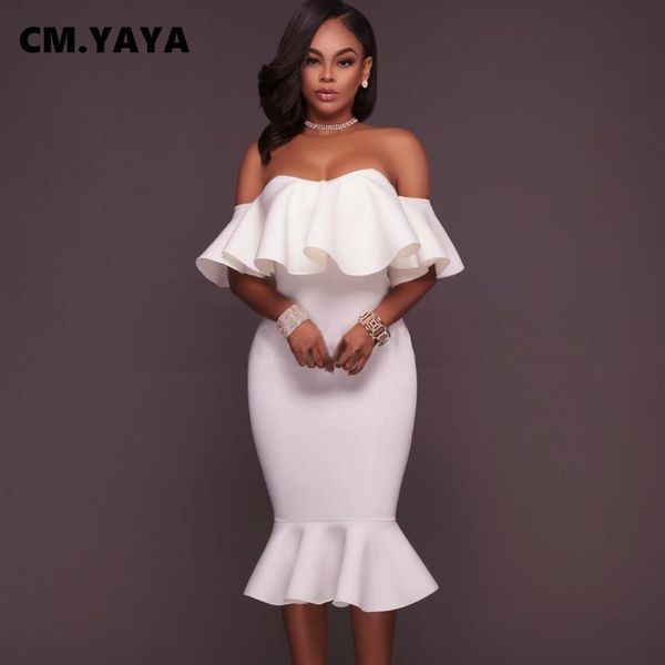 

pants cm.yaya women party dress solid off shoulder ruffles bodycon trumpet dresses elegant gorgeous evening vestidos autumn clothes, White