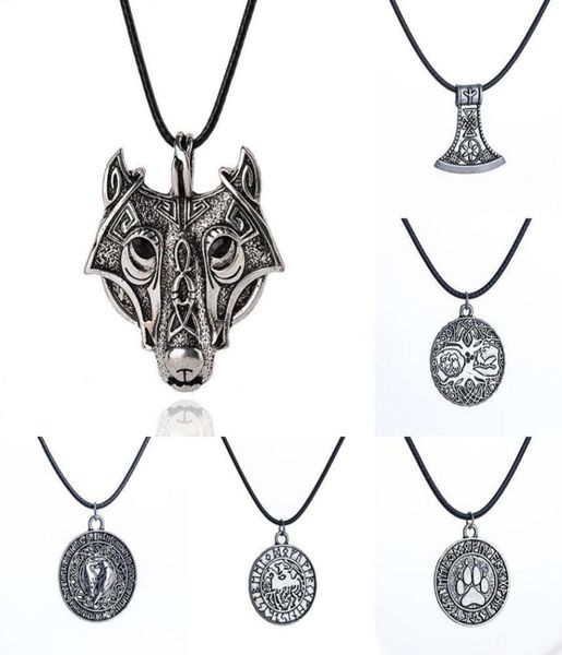 

norse viking amulet necklace ancient silver wolf head bear paw tree of life war horse pendant leather rope chain for men s jewelry4612638