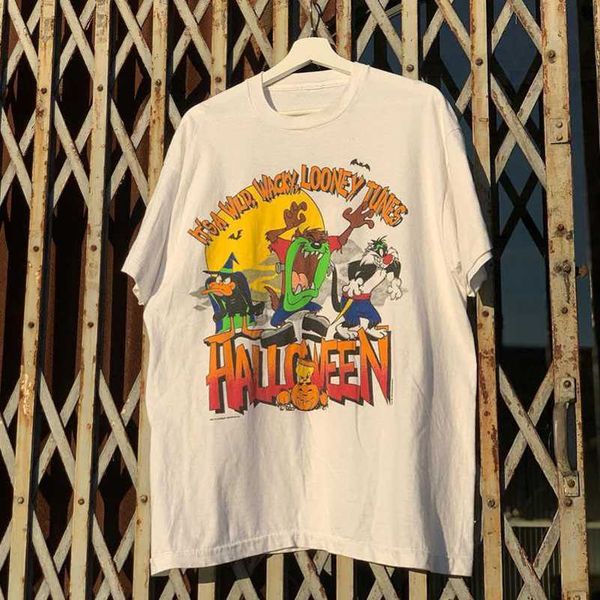 

casual t-shirt european and american street fashion brand halloween halloween crazy rabbit cartoon short sleeve vibe loose t-shirt for men a, White;black