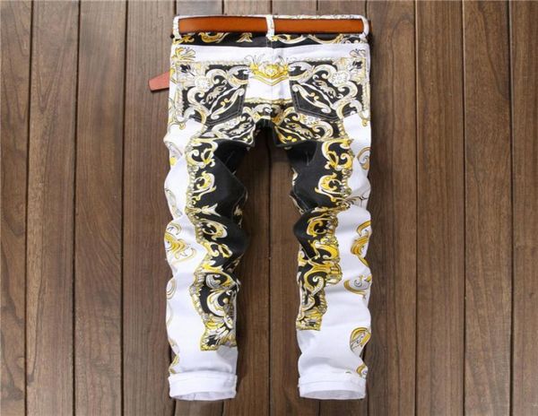 

mens jeans mens slim print jeans fashion flower straight white denim pants long trousers asian size4766007, Blue