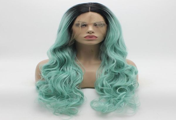 

iwona hair wavy long dark root light blue ombre wig 51b5412 half hand tied heat resistant synthetic lace front wig7716410, Black