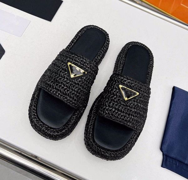 

designer slippers triangle buckle raffia straw espadrilles women thick bottom sandals slip on mules slides lady platform wedges square toe f, Black