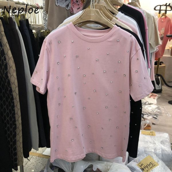 

women's t-shirt employee vintage mujer camisetas y2k autumn o-neck solid diamond t-shirt harajuku short sleeve loose casual t-shirt 230, White