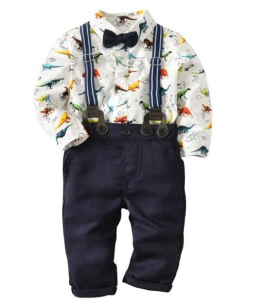

toddler infant boys clothing set dinosaurs print long sleeve romper suspender pants bow tie 3pcs suit kids baby clothes7429521, White