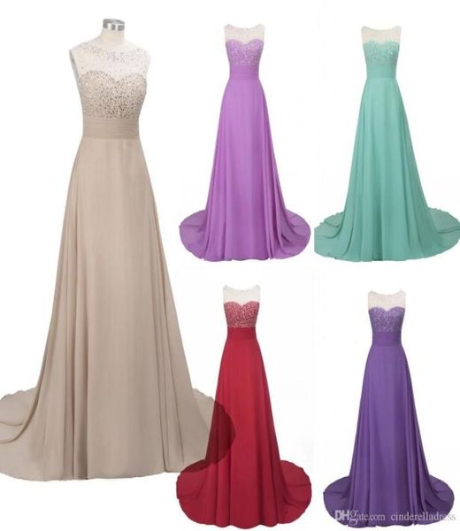 

in stock long prom dresses illusion neck beads chiffon floor length bridesmaid dress party gowns cps6552411977, Black