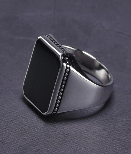 

real solid 925 sterling silver ring simple for men imitated black stone square flat high polishing middle east turkish jewelry c184243967, Slivery;golden
