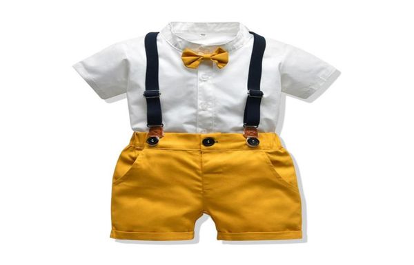 

baby boy gentleman clothes set summer suit for toddler white shirt with bow tiesuspender shorts formal newborn boys clothes4558820