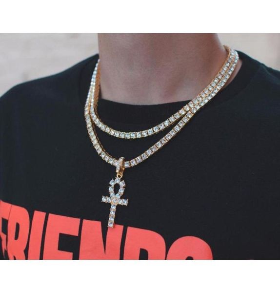 

hip hop iced out ankh cross pendant necklace 4mm tennis chain micro pave cz stones g wmtstw whole20193805964, Silver