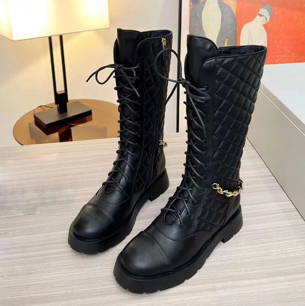 

full grain leather low heel mid-calf boots cowskin lattice lace-up side zipper combat booties women's outdoor shoes luxury designers mi, Black