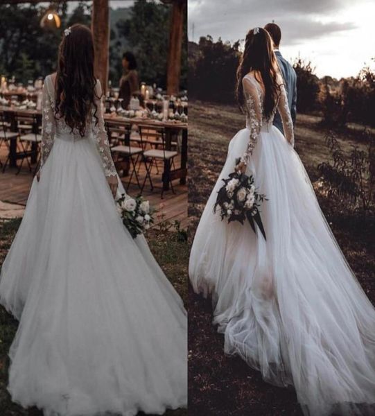 

princess fairy country wedding dresses 2021 long sleeve backless lace tulle bohemian illusion beach bride reception gown robes7495065, White