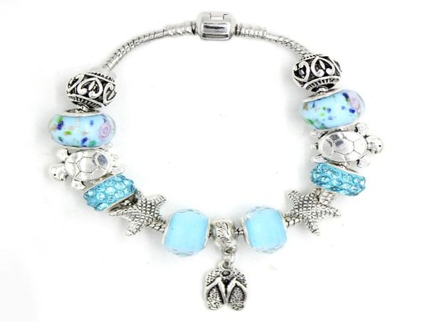 

new european style lampwork murano bead sealife ocean beach starfish turtle flip flop charm bead bracelets for women jewelry bijou9990108, Golden;silver