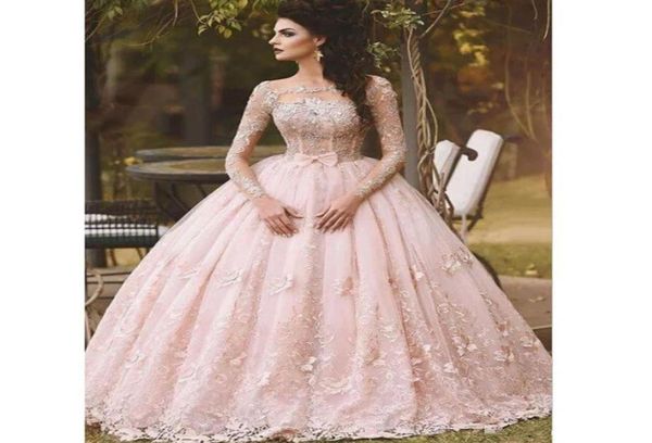 

2019 blush pink long sleeves prom dresses 3d floral floor length ball gown arabic hijab muslim dubai occasion evening formal dress6378197, Black;red