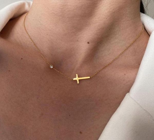 

pendant necklaces delicate petite sideway cross women stainless steel thin chain link christian jewelrypendant2961139, Silver