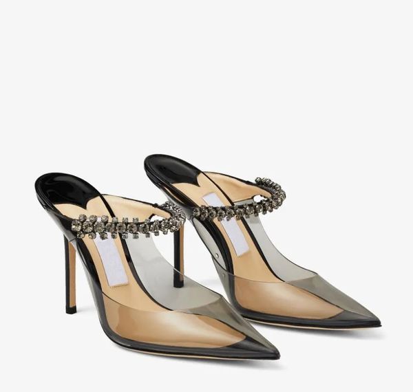 

summer women sandal design high heels bing 100 mules crystal strap patent leather pointed toe lady sandals slide thin heeled slip on eu35-43, Black