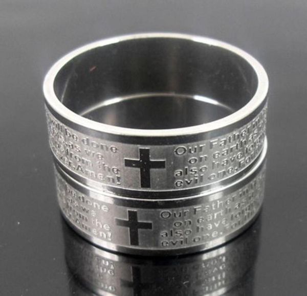 

25pcs etched silver mens english lord039s prayer stainless steel cross rings religious rings men039s gift whole jewelry 4595530