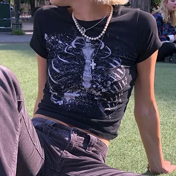 

women's t-shirt summer slim short sleeve t shirt women harajuku gothic graphic skeleton tshirt 90s y2k grunge aesthetic crop t-shirt fe, White