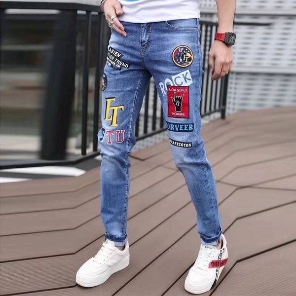 

mens jeans harajuku fashion korean style luxury hiphop pants graffiti print stretch slim fit streetwear casual denim for men 230712, Blue