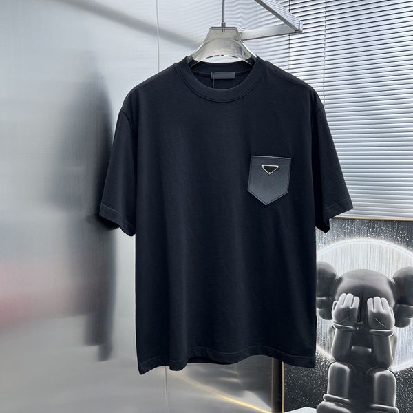 

2023 new design men's large solid 100% cotton triangle inlaid italian style women's t-shirt summer short sleeve round neck couple, White;black