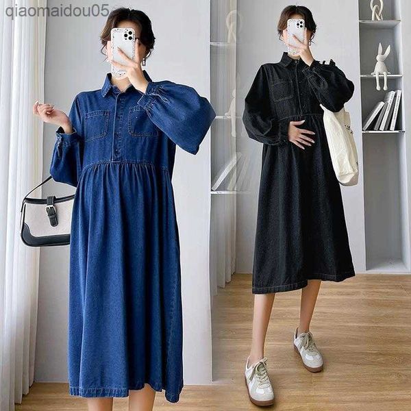 

maternity denim dress autumn long sleeve turn-down collar pregnant women clothes fashion high waist patchwork pregnancy dress l230712, White