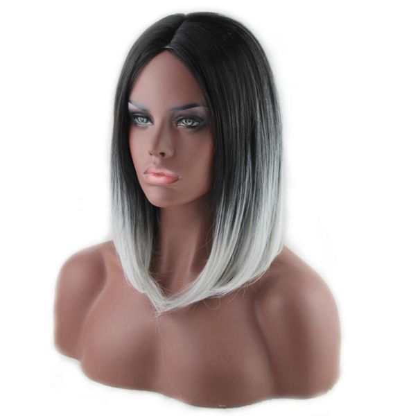

woodfestival short straight wig black grey ombre carve hair wigs for women heat resistant fiber cosplay 35cm2545749