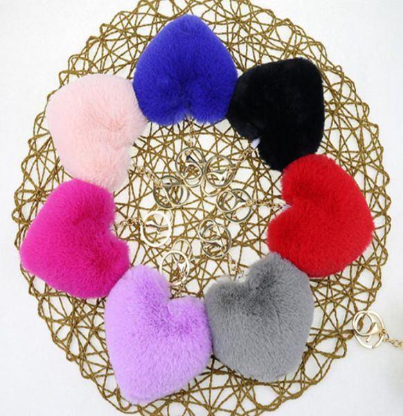 

9 color heart ball pom pom keychain fluffy faux rabbit fur pompom key chains women bag pendant jewelry key chains party gift bjj116882093, Red;brown