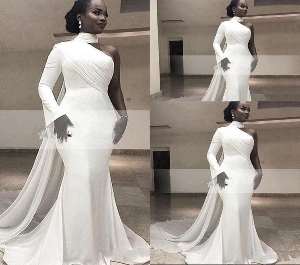

new white mermaid prom dresses for women high neck long sleeve one shouder floor length chiffon satin formal evening dress wear pa6002706, Black