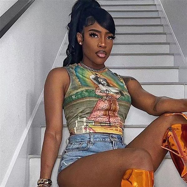 

women's tanks camis echoine art print sleeveless tank crop skinny bodycon women shirt streetwear summer club women clothing 230712, White