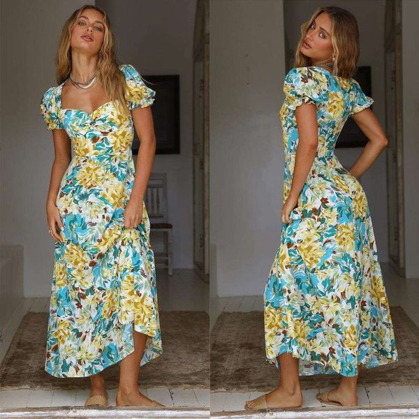 

spring and summer square collar short sleeve long dress temperament wild casual, Black;gray