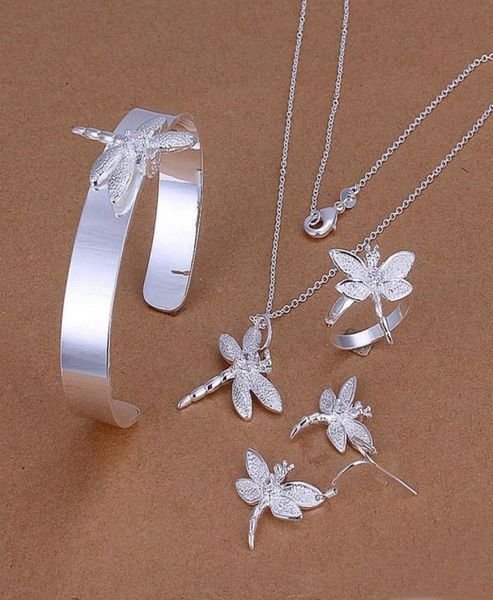 

gift inlaid dragonfly sterling silver plated jewelry set for women es276fashion 925 silver necklace bracelet earring ring se9308539, Black