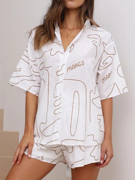 

women's two piece pants bornladies casual cotton shorts sets abstract painting 2 pieces cozy lapel short sleeve shirt summer outfit sho, White