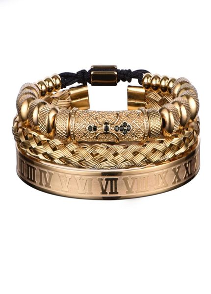 

luxury 3pcsset flower charm gold bangles stainless steel bracelet men roman number europe fashion jewelry gift for male female1922125, Golden;silver
