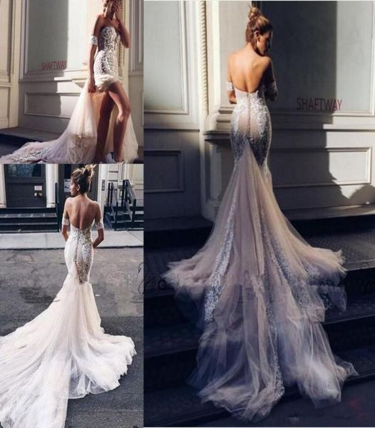 

pallas couture mermaid split wedding dresses 2020 new champagne church train offshoulder elegant country garden berta wedding gow6363606, White