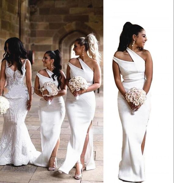 

2021 simple african mermaid white bridesmaid dresses elegant one shoulder side split garden country long maid of honor gowns 1702020, White;pink
