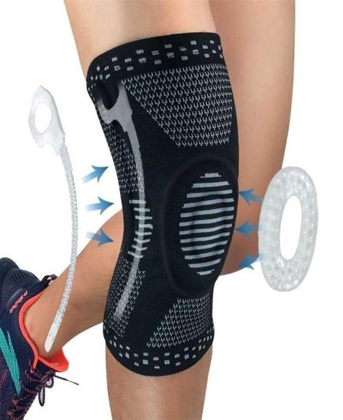 

professional meniscus tear arthritis sports patella knee brace compression sleeve elastic knee wraps with gel spring support 220205741728, Black;gray