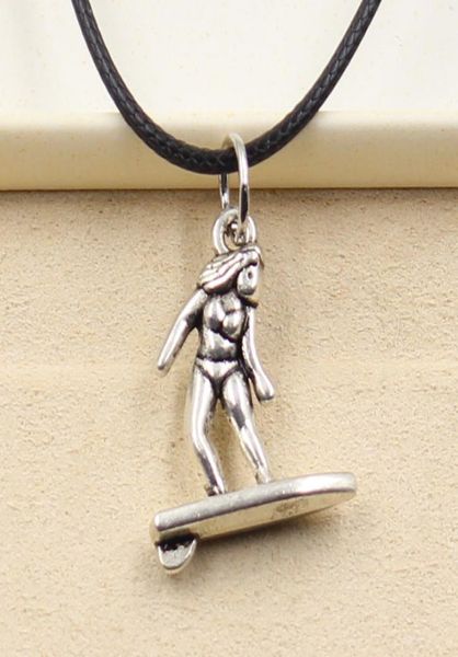 

tibetan silver color pendant surf player necklace choker charm black leather cord factory handmade jewelry l9fz5297489
