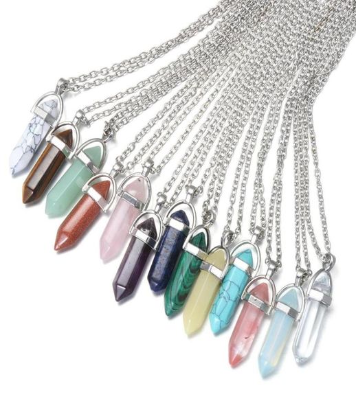 

natural stone pillar pendulum pendant reiki healing crystal necklace hexagonal bullet amethyst pink quartz chakras pendulo jewelry9265615, Silver