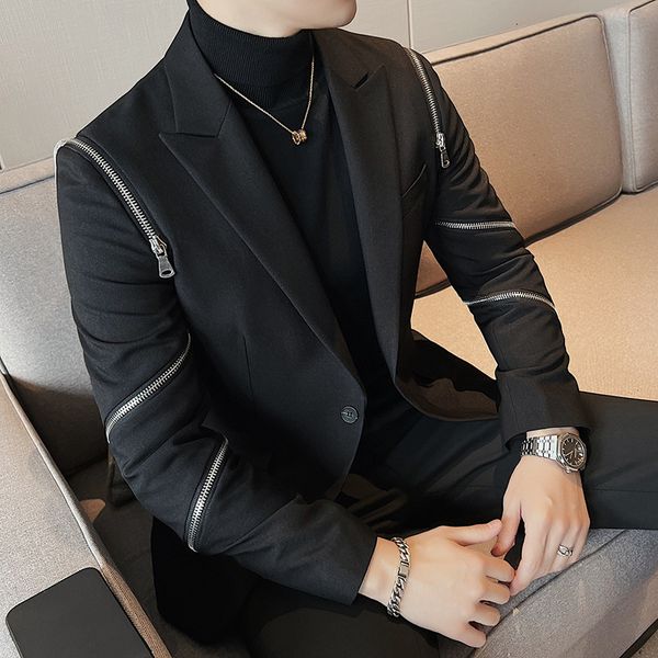 

men's suits blazers winter zipper decoration blazer men slim casual suit jacket wedding business dress coat banquet singer stage men cl, White;black