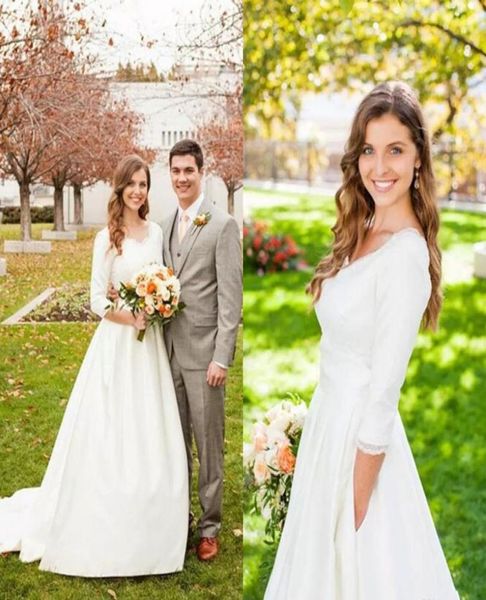 

modest 2017 lace and satin wedding dresses with 34 long sleeves pocket garden bridal gowns plus size custom made en103066679062, White