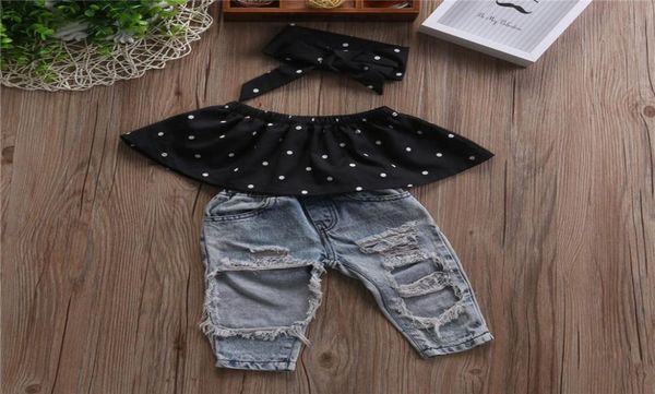 

infant baby girls clothes sets dot sleeveless vest hole denim pants with headband 3pcs clothing set baby outfits toddler kids7229972, White