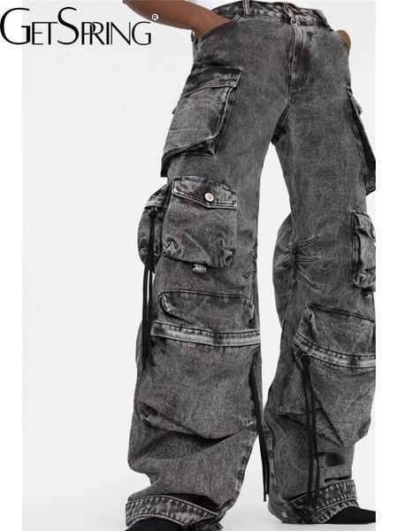 

pants getspring women denim pants 2022 autumn winter multi pocket wide leg jeans fashion loose leisure long denim trousers new arrvial, Black